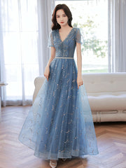 Blue v neck tulle tea length prom dress, blue sequin evening dress