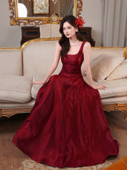 A-Line Satin Burgundy Long Prom Dress, Burgundy Long Evening Dress