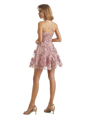 Dusty Pink Cute A-Line Spaghetti Straps V-Neck Mini Homecoming Prom Dresses