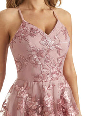 Dusty Pink Cute A-Line Spaghetti Straps V-Neck Mini Homecoming Prom Dresses
