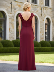 Pleated Lace Cap Sleeves Ruffles Sheath Dress Burgundy