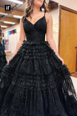 35024 - A-Line Spagnetti Straps V-Neck Tiered Tulle Long Prom Evening Gown