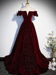 A-Line Off Shoulder Velvet Black Long Prom Dress, Black Formal Dress