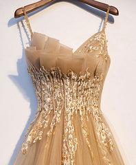 Champagne tulle lace long prom dress tulle lace formal dress