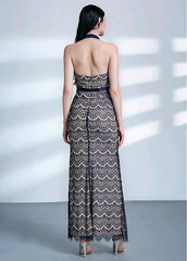 Cheap Blue Lace Halter Sheath/Column Formal Dress