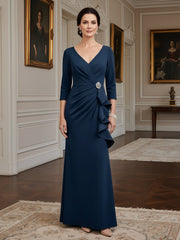 Three-Quarter Sleeve Column Gown with Draped V-Neck Dark Navy