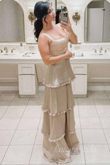 Orange Square Neck Ruffle Satin Prom Dress with Slit