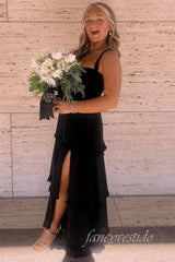 Orange Square Neck Ruffle Satin Prom Dress with Slit