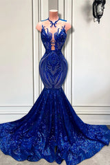 Pailletten Royal Blue Mouwlevess Mermaid Prom -jurk