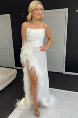 Black Feather Strapless Ruching Long Formal Dress with Slit