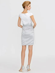 Sheath / Column Mother of the Bride Dress Formal Two Piece Jewel Neck Short / Mini Satin Short Sleeve yes with Lace Pleats