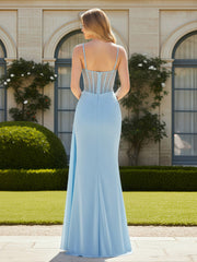 Glittering Spaghetti Straps Floor Length Ruched Dress Sky Blue