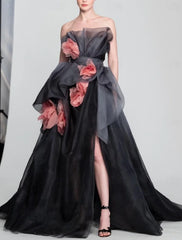 Aimishang A-Line Prom Dresses Vintage Dress Prom Birthday Sweep / Brush Train Sleeveless Strapless Organza with Floral