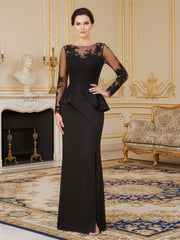 Sheer Long Sleeve Gown with Embroidered Peplum Wais Black