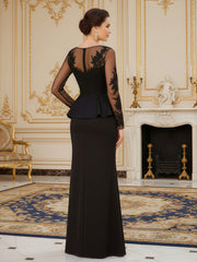 Sheer Long Sleeve Gown with Embroidered Peplum Wais Black