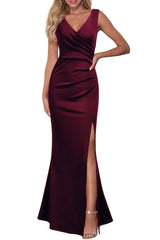 Burgundy Women Sleeveless V Neck Split Evening Cocktail Long Prom Dress