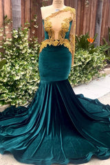 Donkergroene fluweel een schouder zeemeermin prom -jurken met gouden appliques