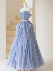 Gray purple tulle long prom dress, purple A line evening dress