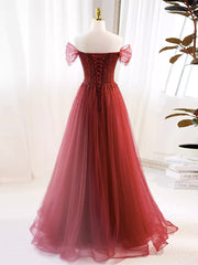 A-Line Burgundy Tulle Sequin Long Prom Dress, Burgundy Formal Dress