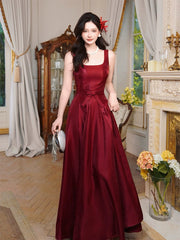 A-Line Satin Burgundy Long Prom Dress, Burgundy Long Evening Dress