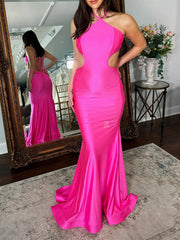 Trumpet/Mermaid Halter Floor-Length Prom Dresses Pure Color Sexy
