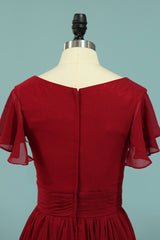 Red V-Neck Ruffled A-Line Long Bridesmaid Dress