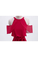 Rode chiffon koude mouwen korte ruches bruidsmeisje jurk