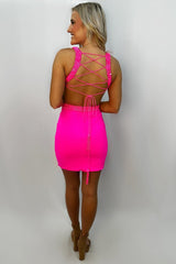Hot Pink Appliques Lace-Up Tight Short Dress