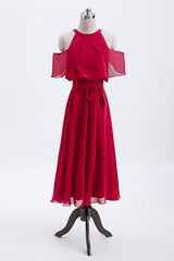 Rode chiffon koude mouwen korte ruches bruidsmeisje jurk