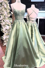 Sage Green Spaghetti Straps Corset Prom Dress with Applique