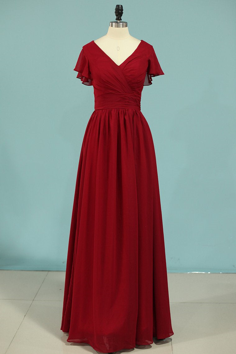 Red Chiffon V-hals gegoed A-lijn lange bruidsmeisje jurk