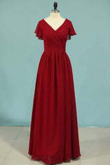 Red Chiffon V-hals gegoed A-lijn lange bruidsmeisje jurk