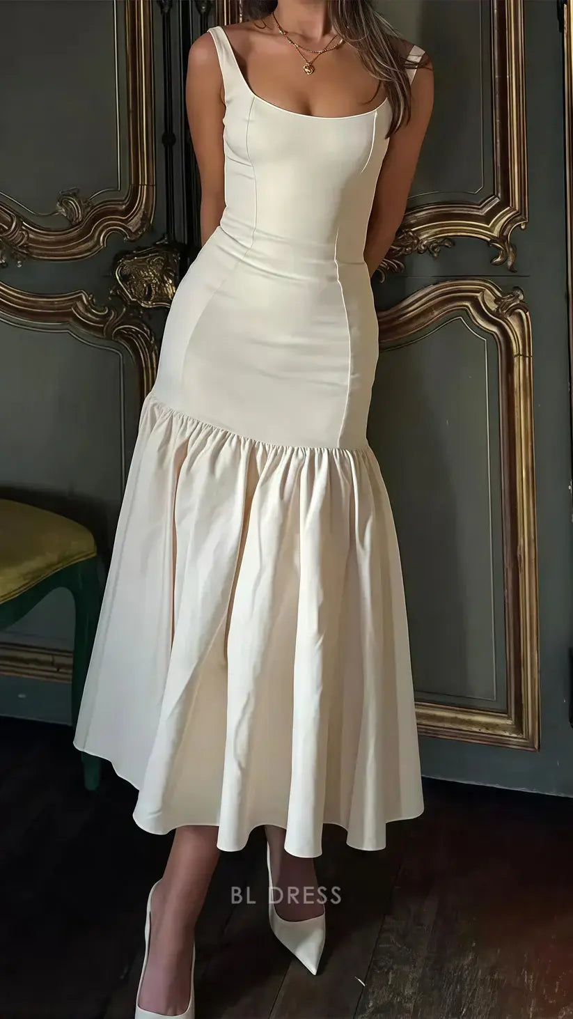Mermaid Crew Neck Pretty Satin Ivory formal dresses Bridesmaid Dresses evening gown Prom Dress
