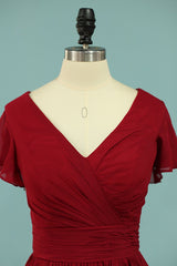 Red Chiffon V-hals gegoed A-lijn lange bruidsmeisje jurk