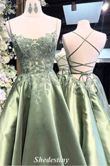 Sage Green Spaghetti Straps Corset Prom Dress with Applique