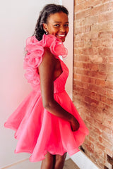 Hot Pink Organza Surplice-Neck Short Party Dress with Ruffles