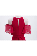 Rode chiffon koude mouwen korte ruches bruidsmeisje jurk