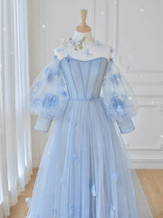 Blue round neck tulle lace long prom dress, blue tulle evening dress