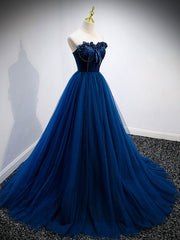 Blue sweetheart neck tulle long prom dress, blue formal dress