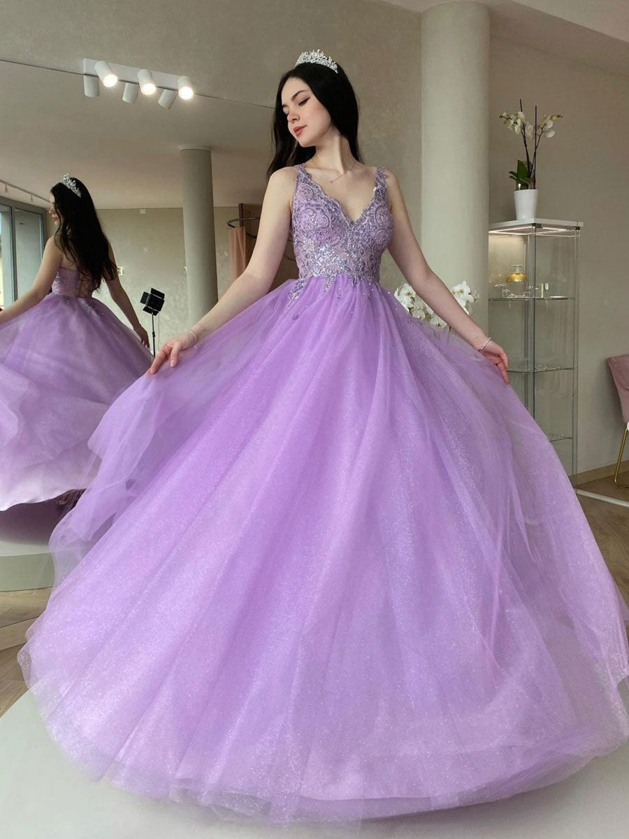 Purple A line tulle lace long prom dress, purple tulle formal dress