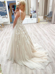 Champagne v neck tulle lace long prom dress, champagne evening dress