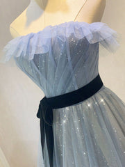 A-Line Gray Blue Tulle Long Prom Dress, Gray Blue Long Formal Dress