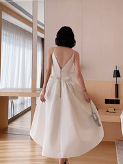 White satin tea length prom dress, white evening dress