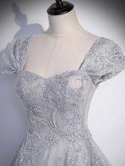 Gray tulle lace long prom dress, gray tulle lace long evening dress