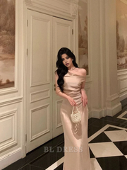 Mermaid One Shoulder Satin Champagne formal dresses Bridesmaid Dresses evening gown Prom Dress