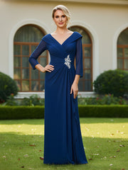 V-neck 3/4 Sleeves Pleated Chiffon Long Dress Navy Blue