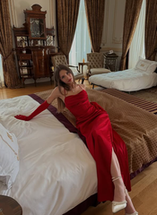 Elegant Red Sheath Long Evening Dress with Slit Spaghetti Strap Casual Prom Dresses