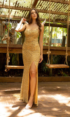 Long Beaded Floral Print Primavera Prom Dress