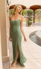 Long Beaded Floral Print Primavera Prom Dress