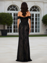 Off-the-shoulder Beaded Sequin Sheath Long Gown Black